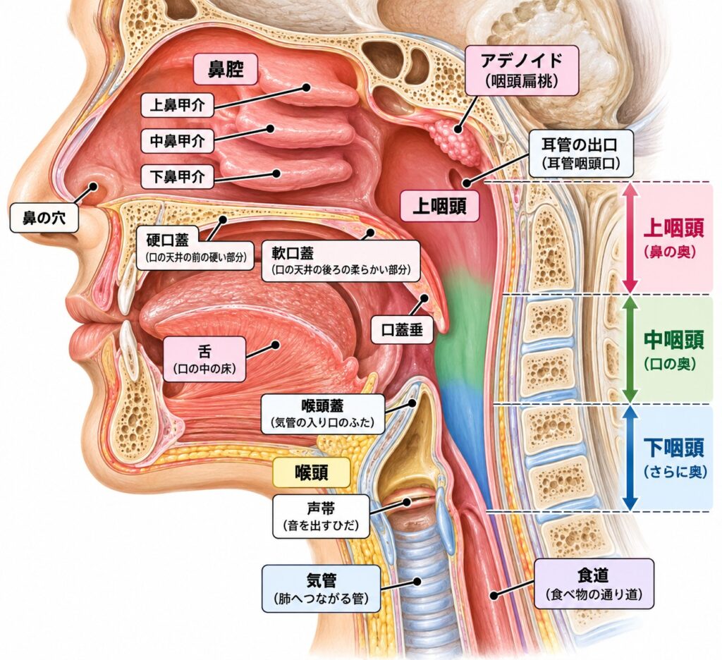 咽喉頭逆流症や後鼻漏、扁桃炎が起きる部位の模式図（鼻・のど・声帯）