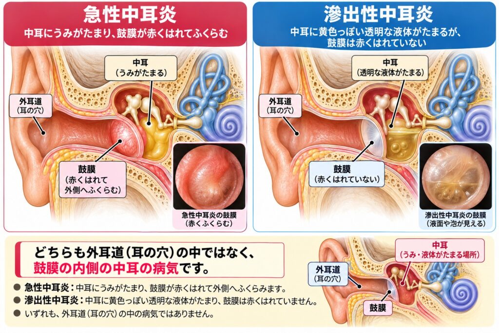 急性中耳炎で中耳に膿がたまり鼓膜が内側から膨らむ様子を示す解剖図
