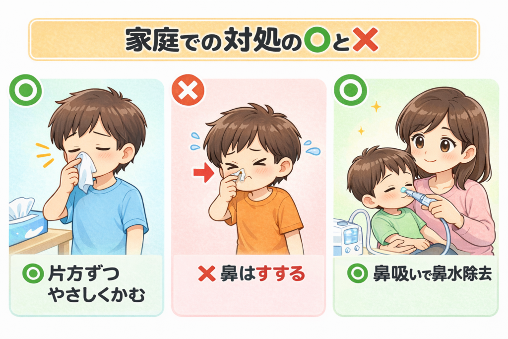 急性中耳炎で家庭ですべき鼻のケアの○×(正しい鼻のかみ方・鼻吸いの活用)を示す図