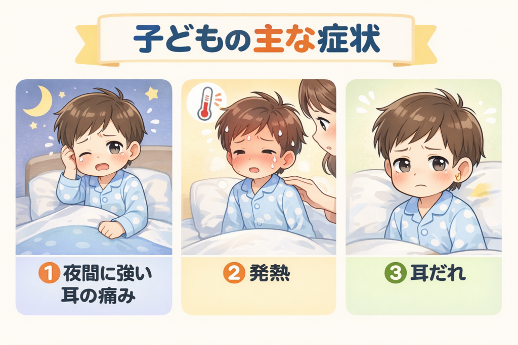 急性中耳炎の主な症状(耳の痛み・発熱・耳だれ)を幼児の場面でわかりやすく示した図