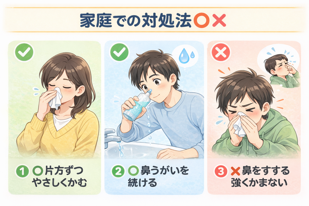 副鼻腔炎の家庭で行う対処の○×(片側ずつやさしく鼻をかむ、鼻洗浄を続ける、すするのは避ける)を示す図